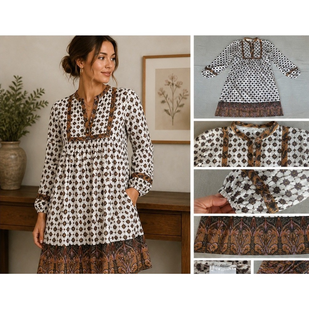 Boho Peasant Dress Womens Size 38 Paisley Geometric Whimsical Hippie Mini